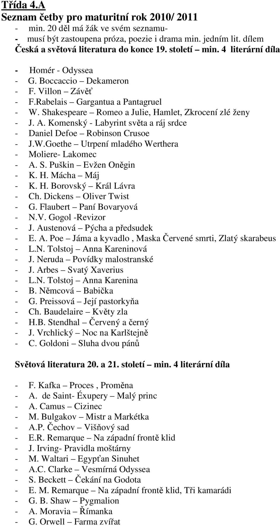 Komenský - Labyrint světa a ráj srdce - Robinson Crusoe - J.W.Goethe Utrpení mladého Werthera - - Lakomec - A. S. Puškin Evžen Oněgin - K. H. Mácha Máj - K. H. Borovský Král Lávra - Ch.