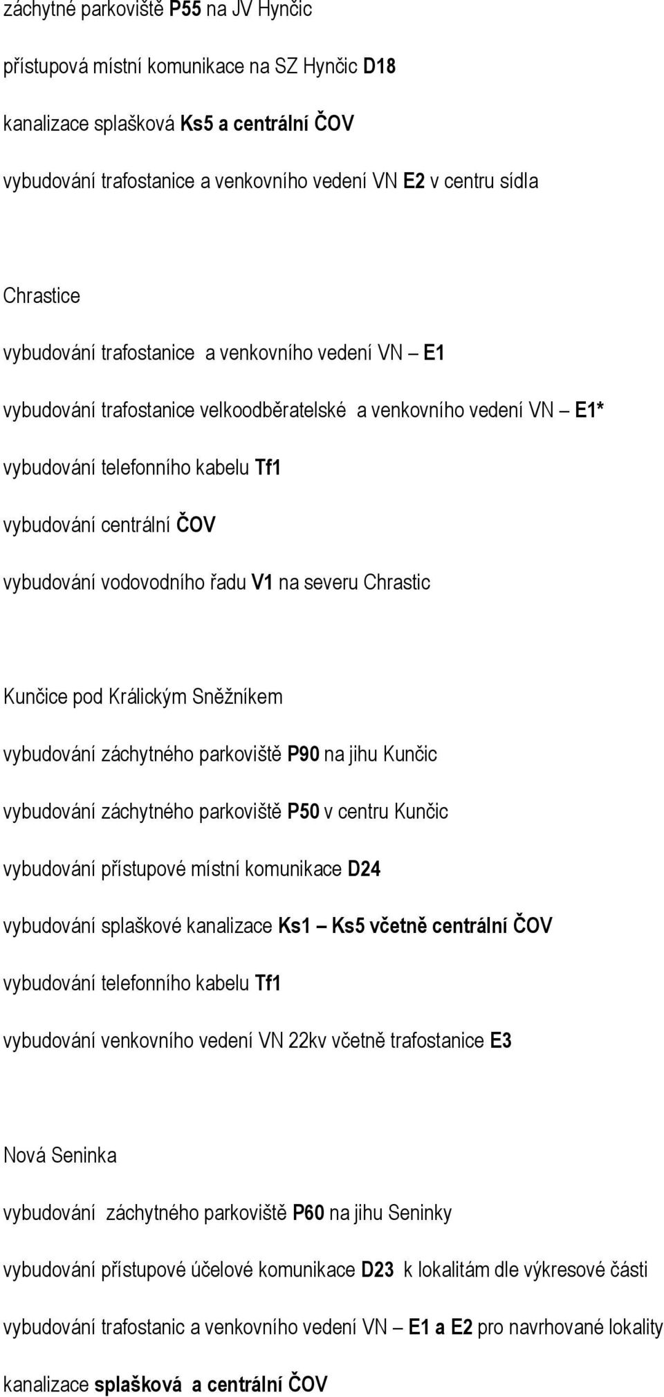 vodovodního řadu V1 na severu Chrastic Kunčice pod Králickým Sněţníkem vybudování záchytného parkoviště P90 na jihu Kunčic vybudování záchytného parkoviště P50 v centru Kunčic vybudování přístupové