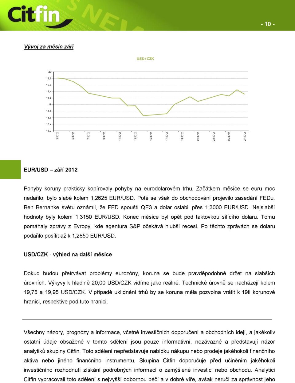 Ben Bernanke světu oznámil, že FED spouští QE3 a dolar oslabil přes 1,3000 EUR/USD. Nejslabší hodnoty byly kolem 1,3150 EUR/USD. Konec měsíce byl opět pod taktovkou sílícího dolaru.