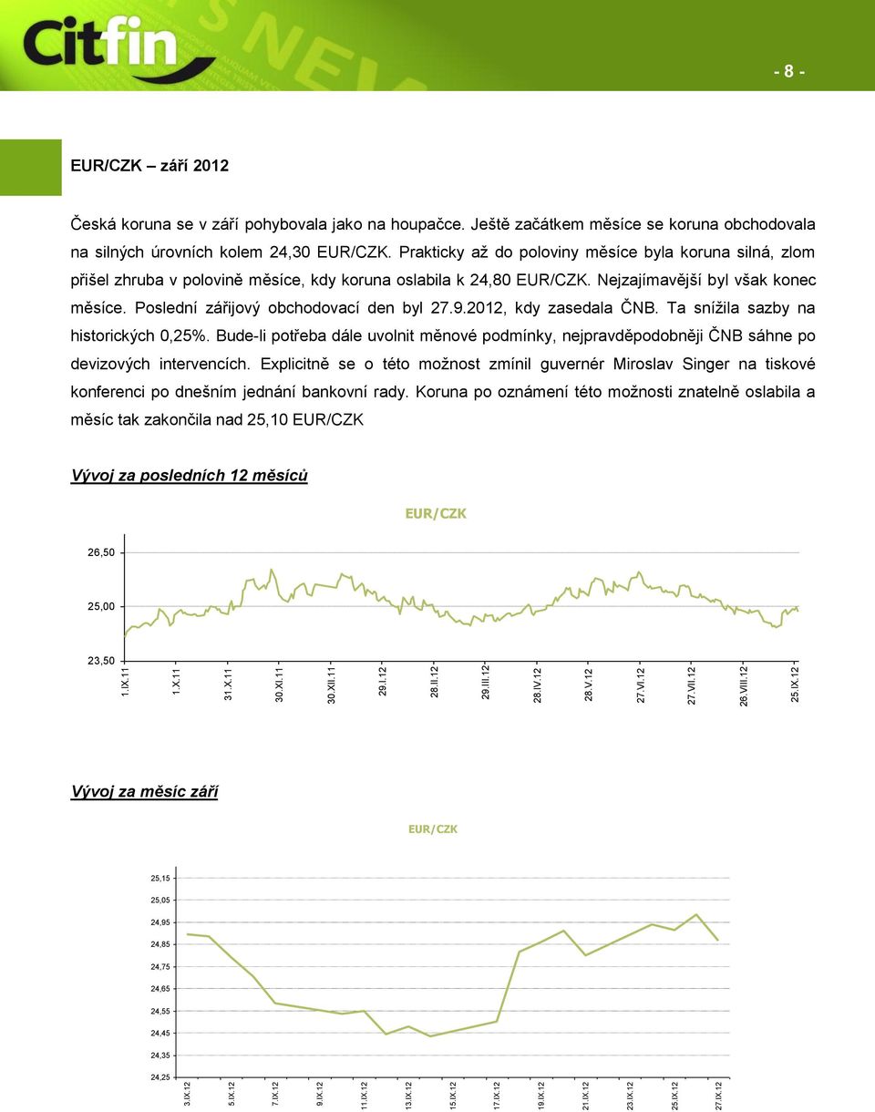 Prakticky až do poloviny měsíce byla koruna silná, zlom přišel zhruba v polovině měsíce, kdy koruna oslabila k 24,80 EUR/CZK. Nejzajímavější byl však konec měsíce.