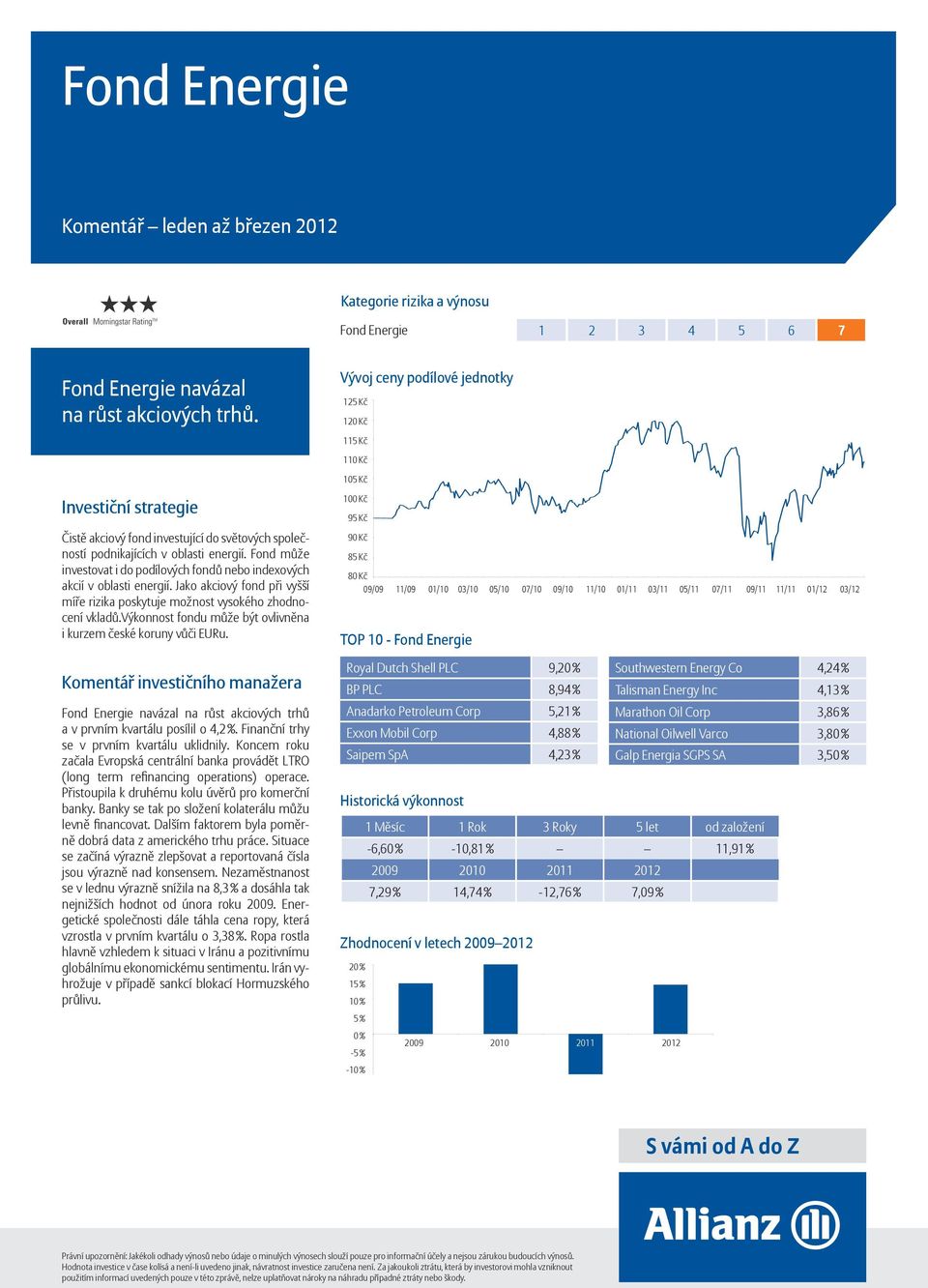 výkonnost fondu může být ovlivněna i kurzem české koruny vůči EURu. Fond Energie navázal na růst akciových trhů a v prvním kvartálu posílil o 4,2 %. Finanční trhy se v prvním kvartálu uklidnily.