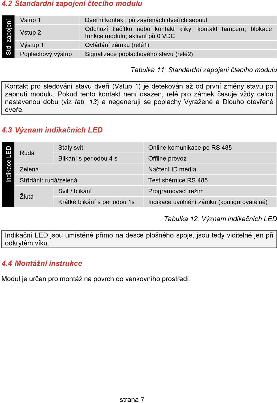 Ovládání zámku (relé1) Signalizace poplachového stavu (relé2) Tabulka 11: Standardní zapojení čtecího modulu Kontakt pro sledování stavu dveří (Vstup 1) je detekován až od první změny stavu po