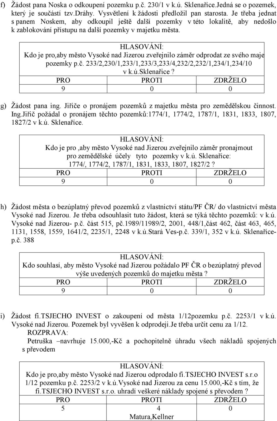 Kdo je pro,aby město Vysoké nad Jizerou zveřejnilo zá měr odprodat ze svého majetku pozemky p.č. 233/2,23/1,233/1,233/3,233/4,232/2,232/1,234/1,234/1 v k.ú.sklenařice? g) Žá dost pana ing.