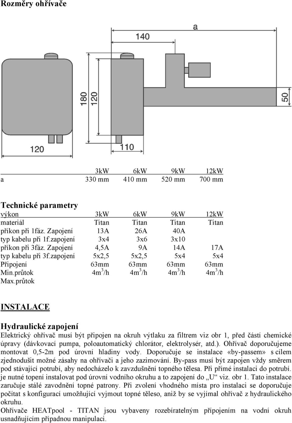 průtok ISTALACE Hydraulické zapojení Elektrický ohřívač musí být připojen na okruh výtlaku za filtrem viz obr 1, před částí chemické úpravy (dávkovací pumpa, poloautomatický chlorátor, elektrolysér,