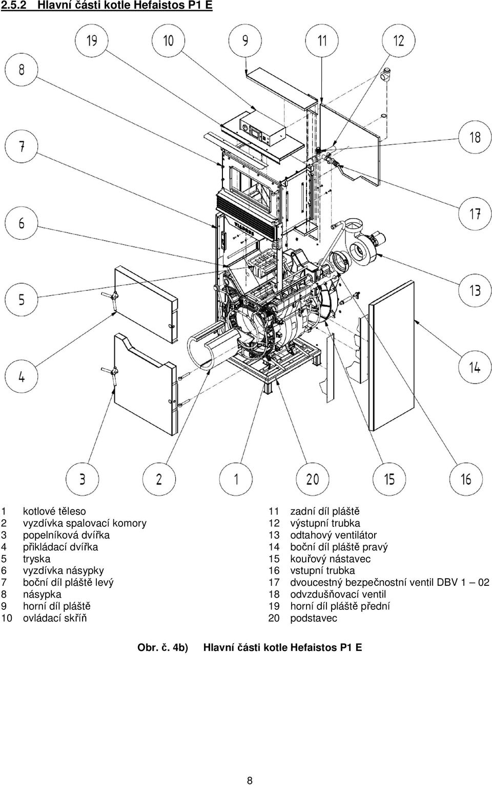 4b) 11 zadní díl pláště 12 výstupní trubka 13 odtahový ventilátor 14 boční díl pláště pravý 15 kouřový nástavec 16 vstupní
