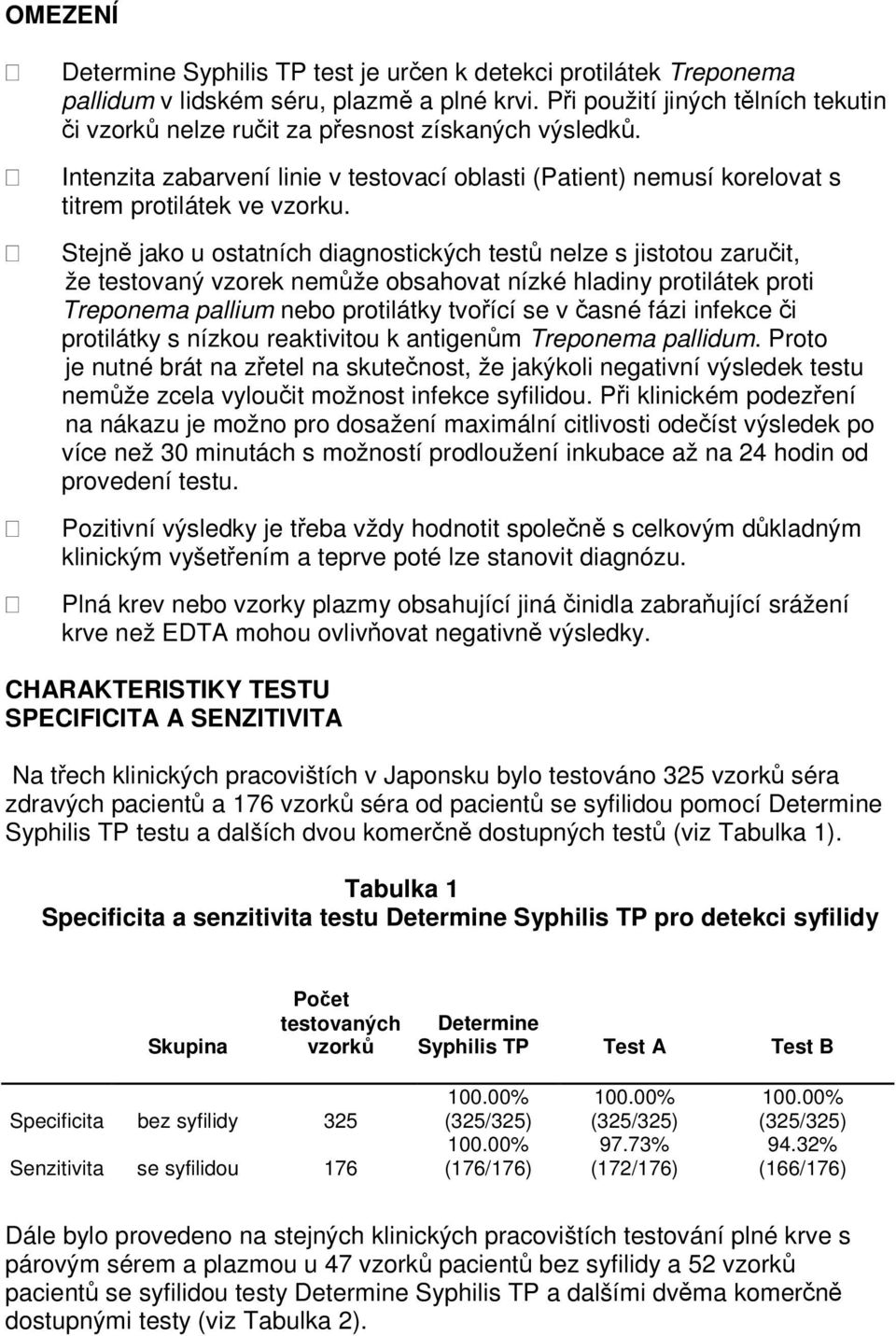 Stejně jako u ostatních diagnostických testů nelze s jistotou zaručit, že testovaný vzorek nemůže obsahovat nízké hladiny protilátek proti Treponema pallium nebo protilátky tvořící se v časné fázi