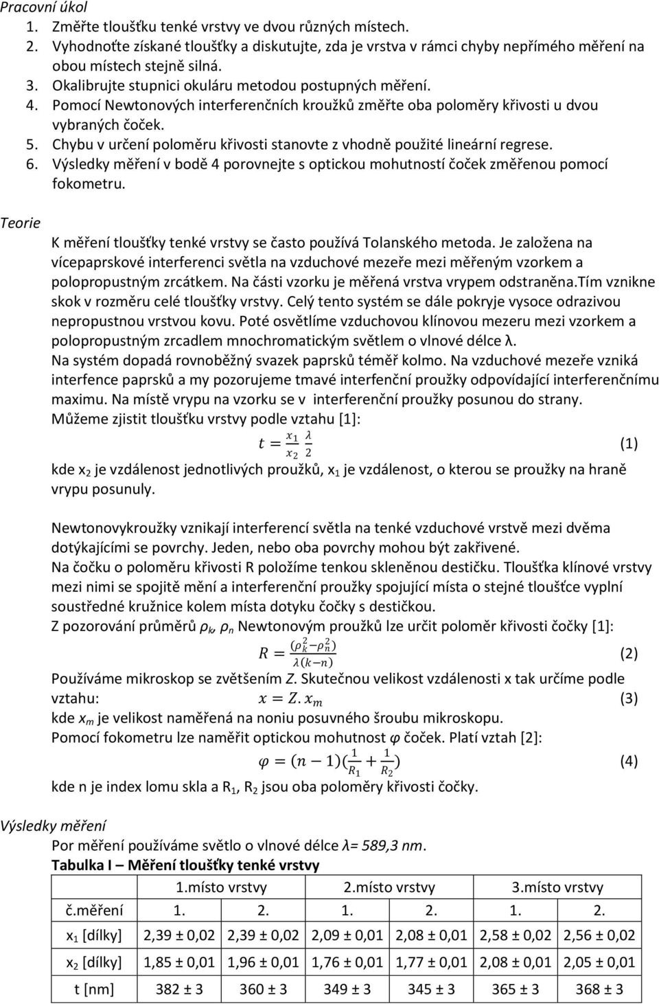 Chybu v určení poloměru křivosti stanovte z vhodně použité lineární regrese. 6. Výsledky měření v bodě 4 porovnejte s optickou mohutností čoček změřenou pomocí fokometru.