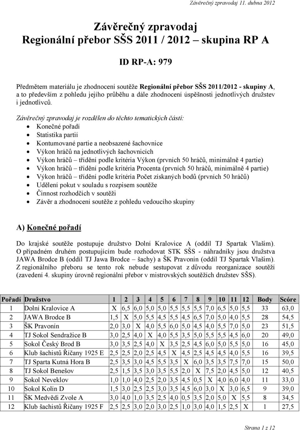 Závěrečný zpravodaj je rozdělen do těchto tematických částí: Konečné pořadí Statistika partií Kontumované partie a neobsazené šachovnice Výkon hráčů na jednotlivých šachovnicích Výkon hráčů třídění