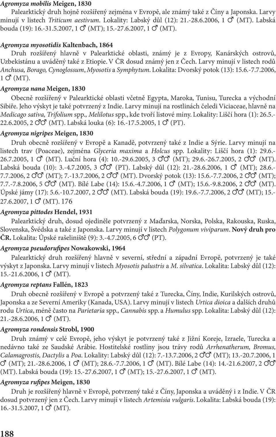 15.-27.6.2007, 1 (MT). Agromyza myosotidis Kaltenbach, 1864 Druh rozšířený hlavně v Palearktické oblasti, známý je z Evropy, Kanárských ostrovů, Uzbekistánu a uváděný také z Etiopie.
