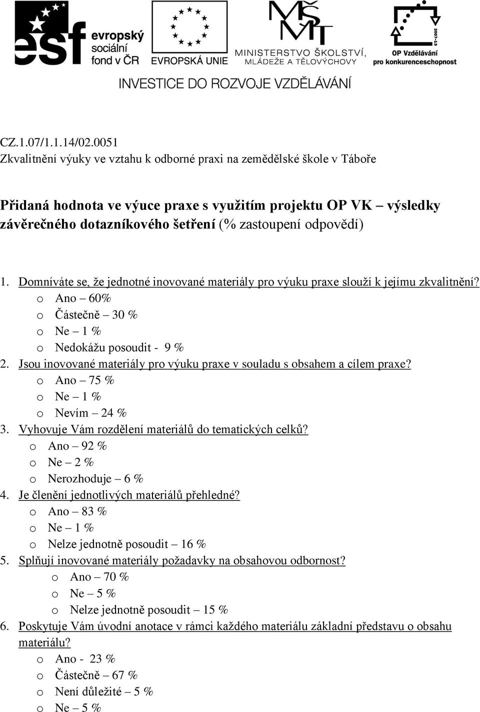 odpovědí) 1. Domníváte se, že jednotné inovované materiály pro výuku praxe slouží k jejímu zkvalitnění? o Ano 60% o Částečně 30 % o Nedokážu posoudit - 9 % 2.