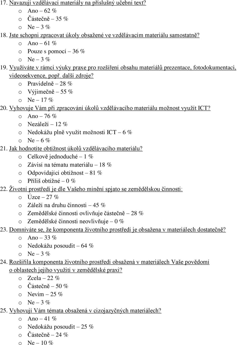 o Pravidelně 28 % o Výjimečně 55 % o Ne 17 % 20. Vyhovuje Vám při zpracování úkolů vzdělávacího materiálu možnost využít ICT?