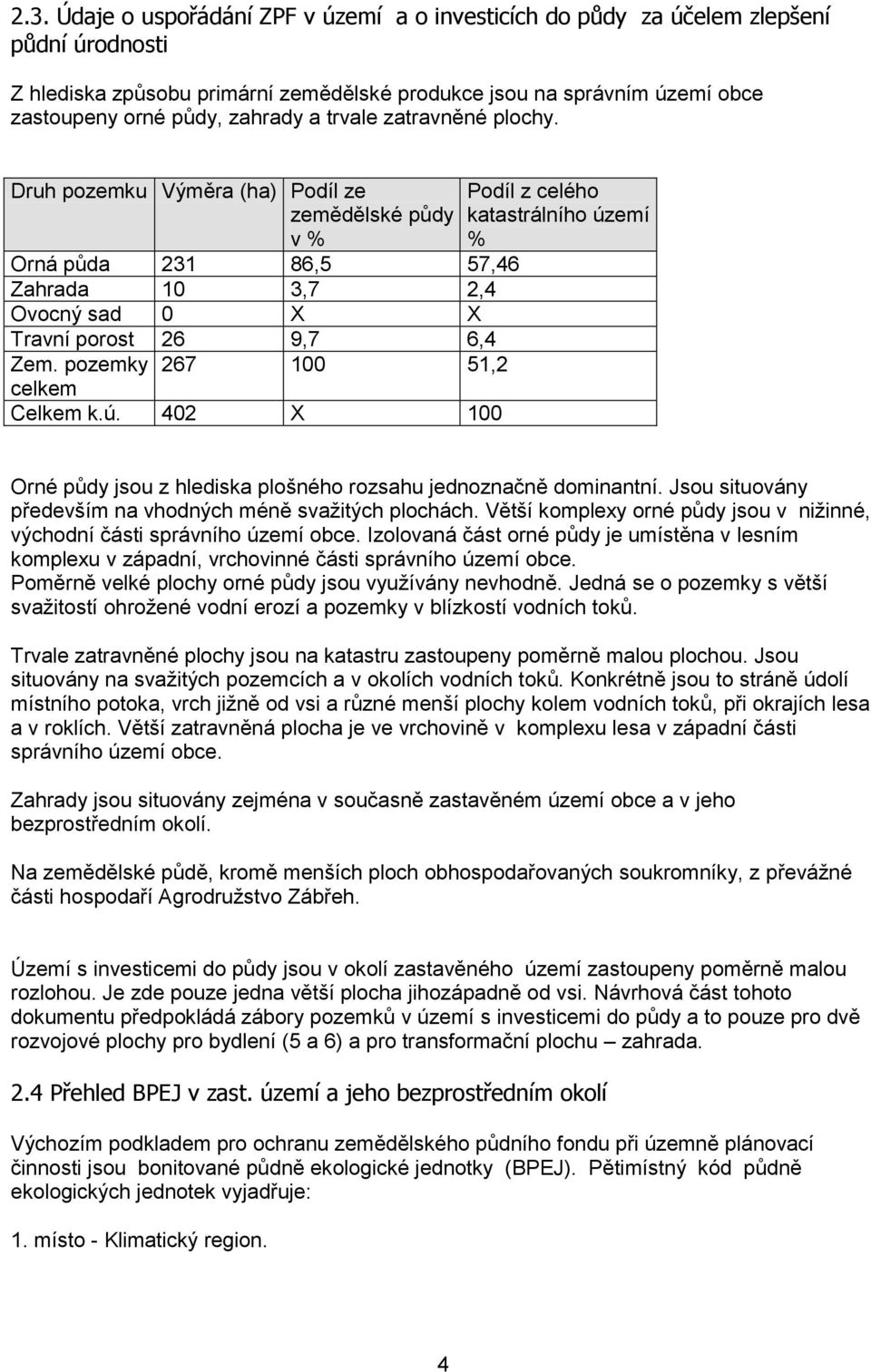 pozemky 267 100 51,2 celkem Celkem k.ú. 402 X 100 Podíl z celého katastrálního území % Orné půdy jsou z hlediska plošného rozsahu jednoznačně dominantní.