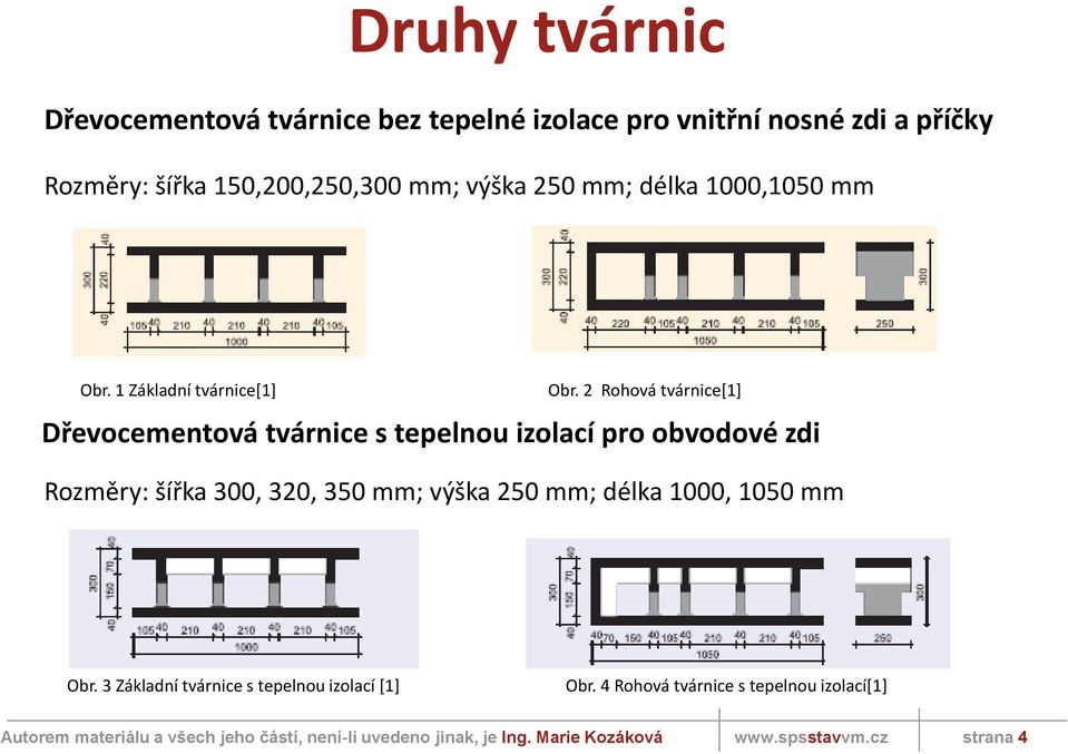 2 Rohová tvárnice[1] Dřevocementová tvárnice s tepelnou izolací pro obvodové zdi Rozměry: šířka 300, 320, 350 mm;