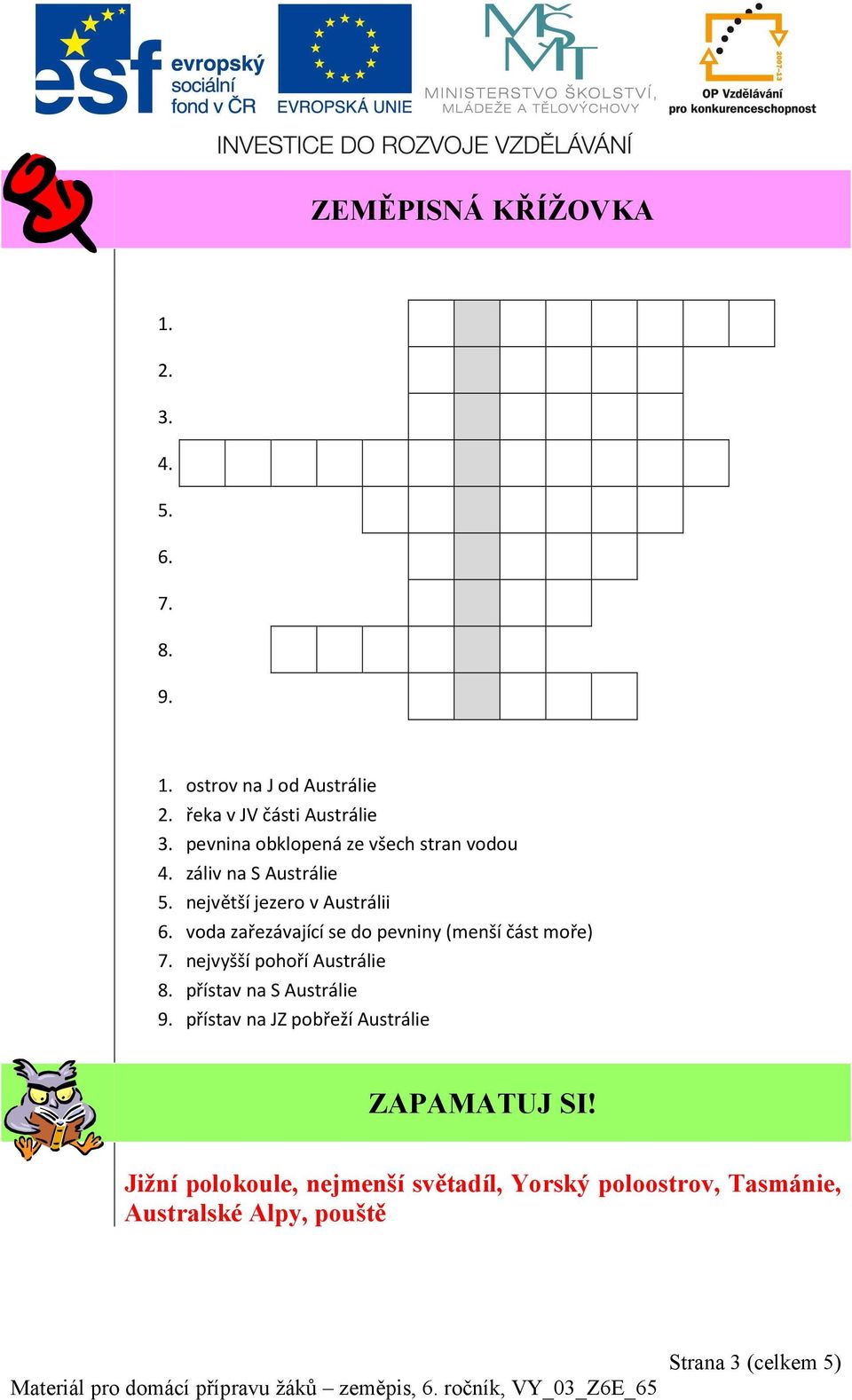 voda zařezávající se do pevniny (menší část moře) 7. nejvyšší pohoří Austrálie 8. přístav na S Austrálie 9.