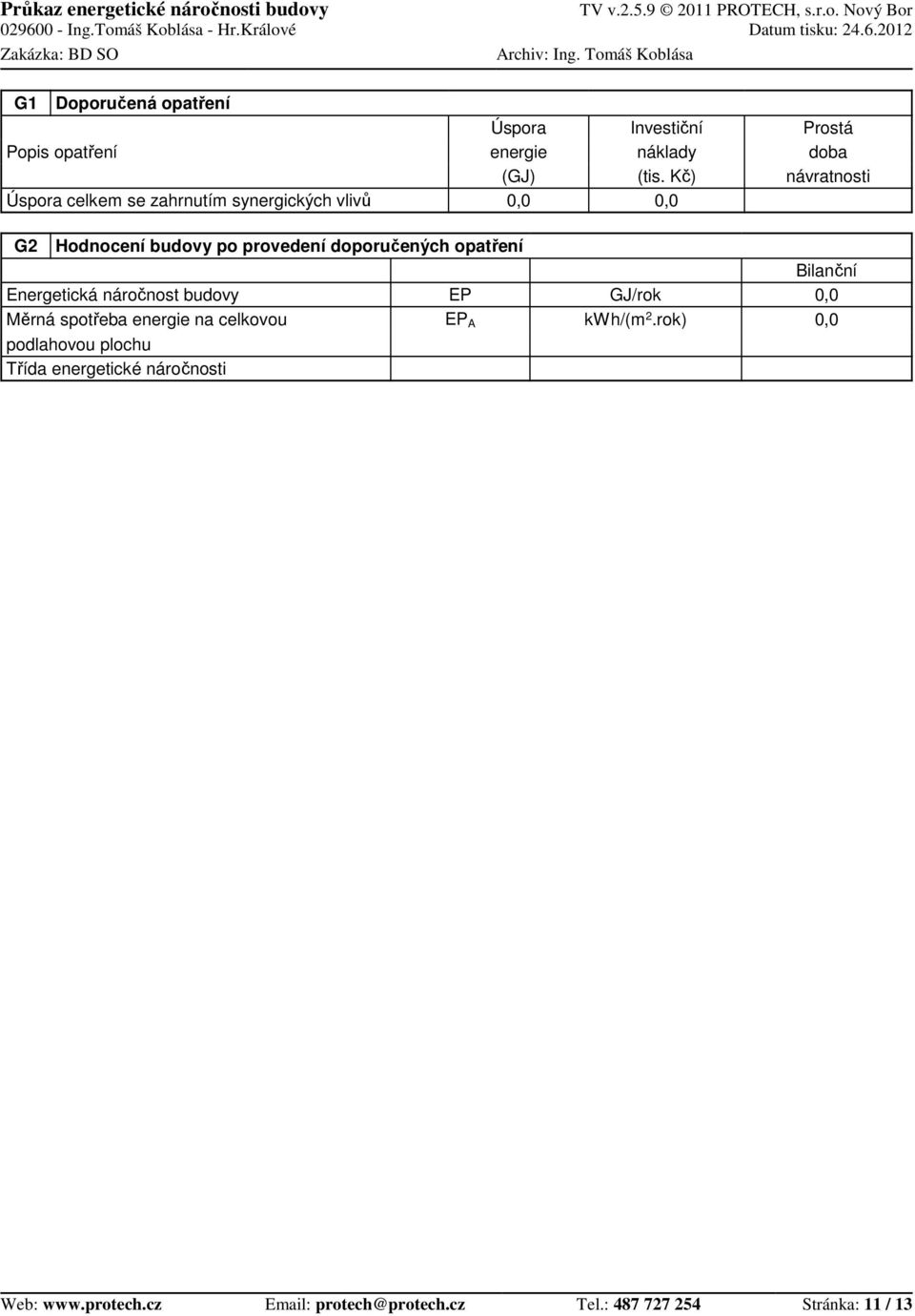 Kč) Prostá doba návratnosti G2 Hodnocení budovy po provedení doporučených opatření Energetická náročnost