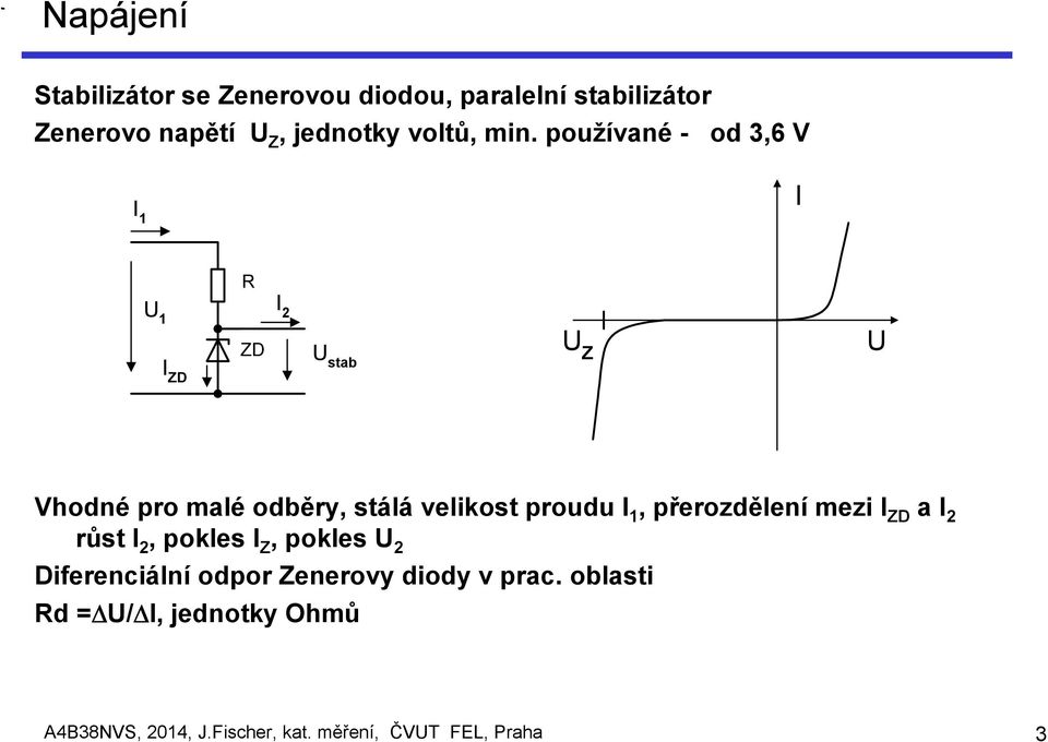 proudu I 1, přerozdělení mezi I ZD a I 2 růst I 2, pokles I Z, pokles U 2 Diferenciální odpor Zenerovy