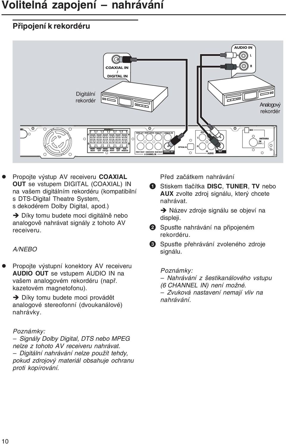 A/NEBO Propojte výstupní konektory AV receiveru AUDIO OUT se vstupem AUDIO IN na vašem analogovém rekordéru (např. kazetovém magnetofonu).