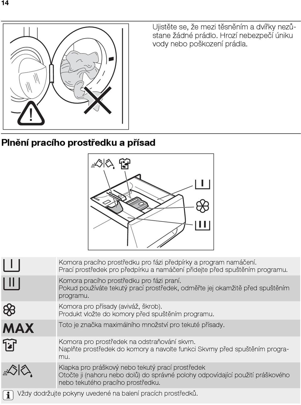 Komora pracího prostředku pro fázi praní. Pokud používáte tekutý prací prostředek, odměřte jej okamžitě před spuštěním programu. Komora pro přísady (aviváž, škrob).