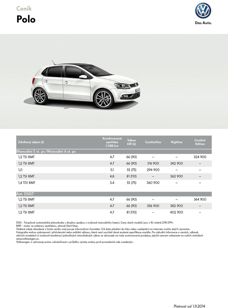 7 66 (90) 356 900 382 900 1,2 TSI BMT 4.7 81 (110) 402 900 DSG - 7stupňová automatická převodovka s dvojitou spojkou s možností manuálního řazení. Ceny všech modelů jsou v Kč včetně 21% DPH.