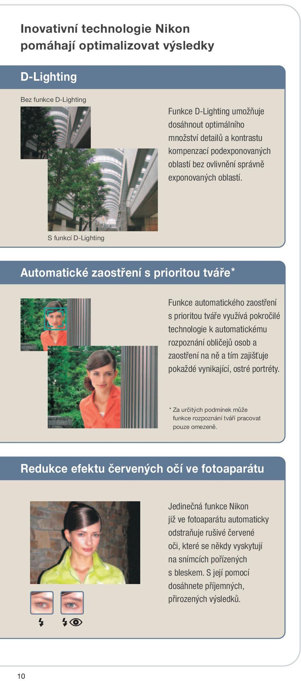 S funkcí D-Lighting Automatické zaostření s prioritou tváře* Funkce automatického zaostření s prioritou tváře využívá pokročilé technologie k automatickému rozpoznání obličejů osob a zaostření na ně