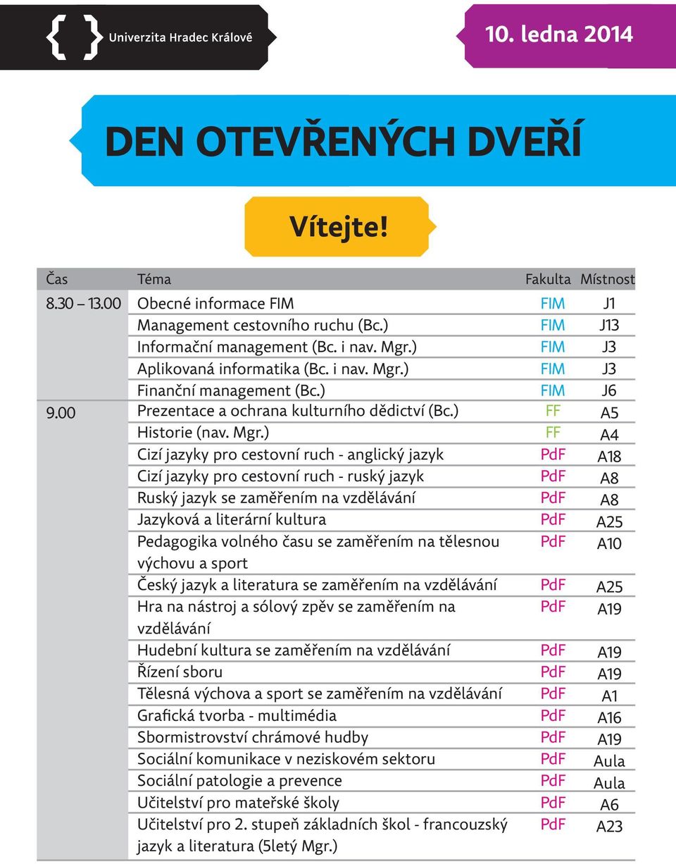 ) Historie Cizí jazyky pro cestovní ruch - anglický jazyk Cizí jazyky pro cestovní ruch - ruský jazyk Ruský jazyk se zaměřením na vzdělávání Jazyková a literární kultura Pedagogika volného času se