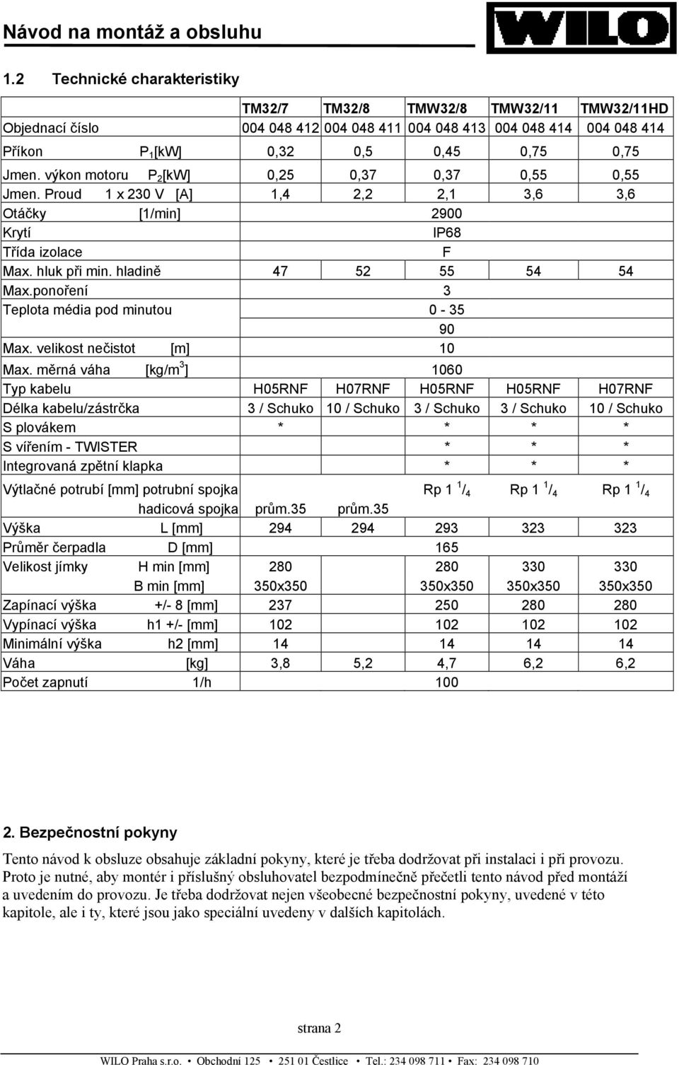 ponoření 3 Teplota média pod minutou 0-35 90 Max. velikost nečistot [m] 10 Max.