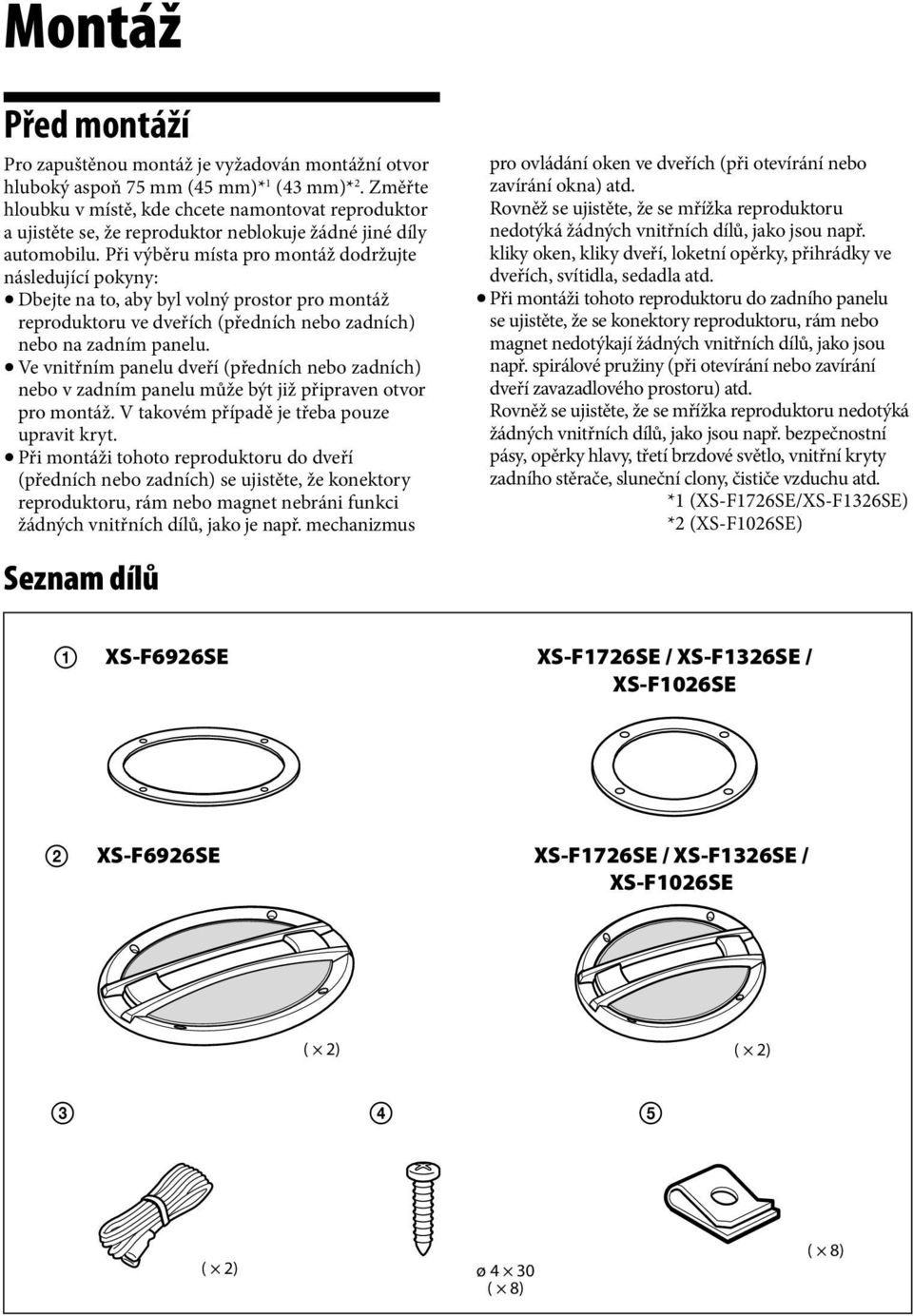 Při výběru místa pro montáž dodržujte následující pokyny: Dbejte na to, aby byl volný prostor pro montáž reproduktoru ve dveřích (předních nebo zadních) nebo na zadním panelu.