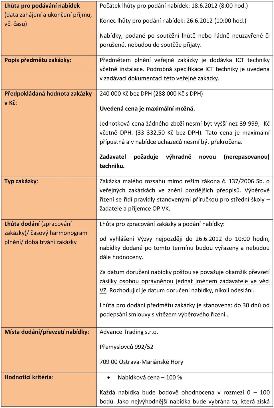 Předmětem plnění veřejné zakázky je dodávka ICT techniky včetně instalace. Podrobná specifikace ICT techniky je uvedena v zadávací dokumentaci této veřejné zakázky.