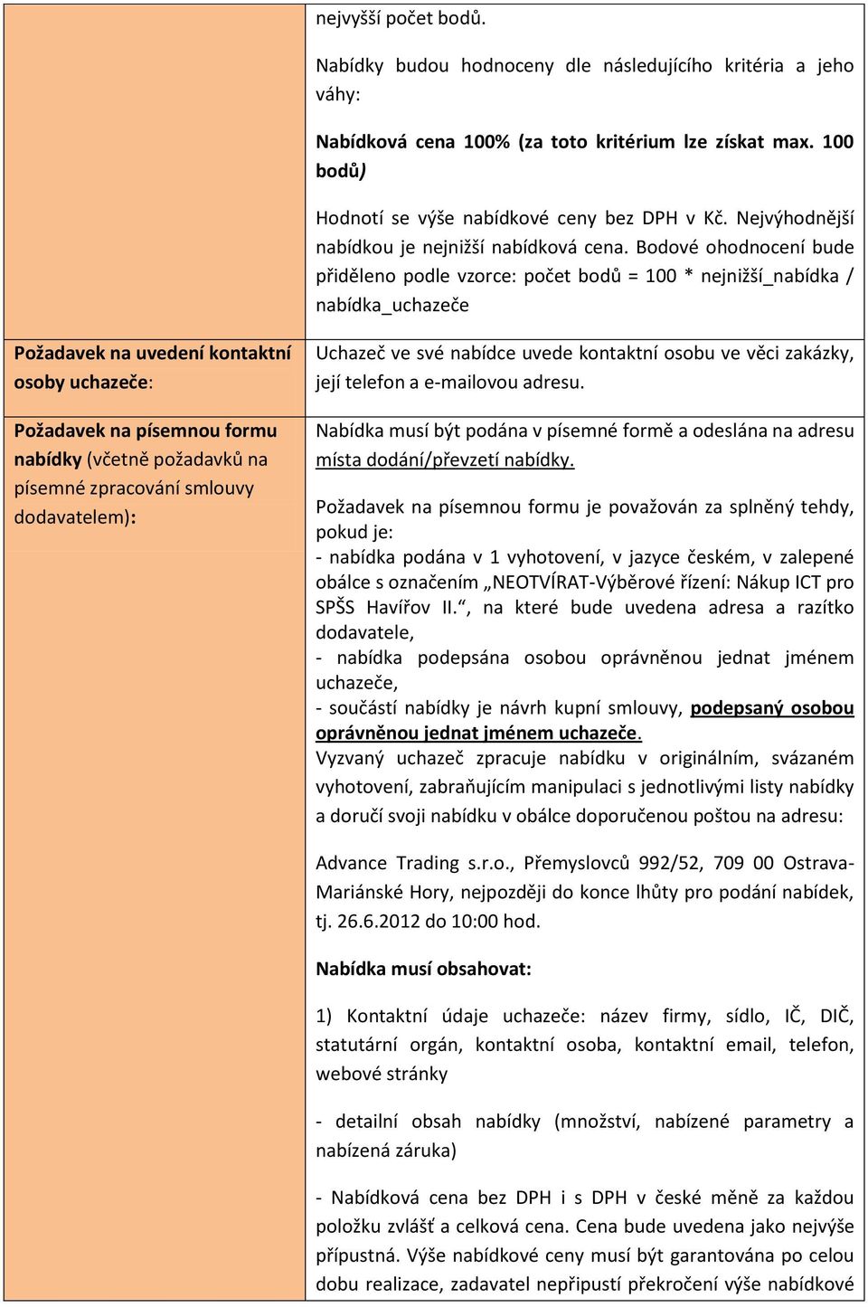 Bodové ohodnocení bude přiděleno podle vzorce: počet bodů = 100 * nejnižší_nabídka / nabídka_uchazeče Požadavek na uvedení kontaktní osoby uchazeče: Požadavek na písemnou formu nabídky (včetně