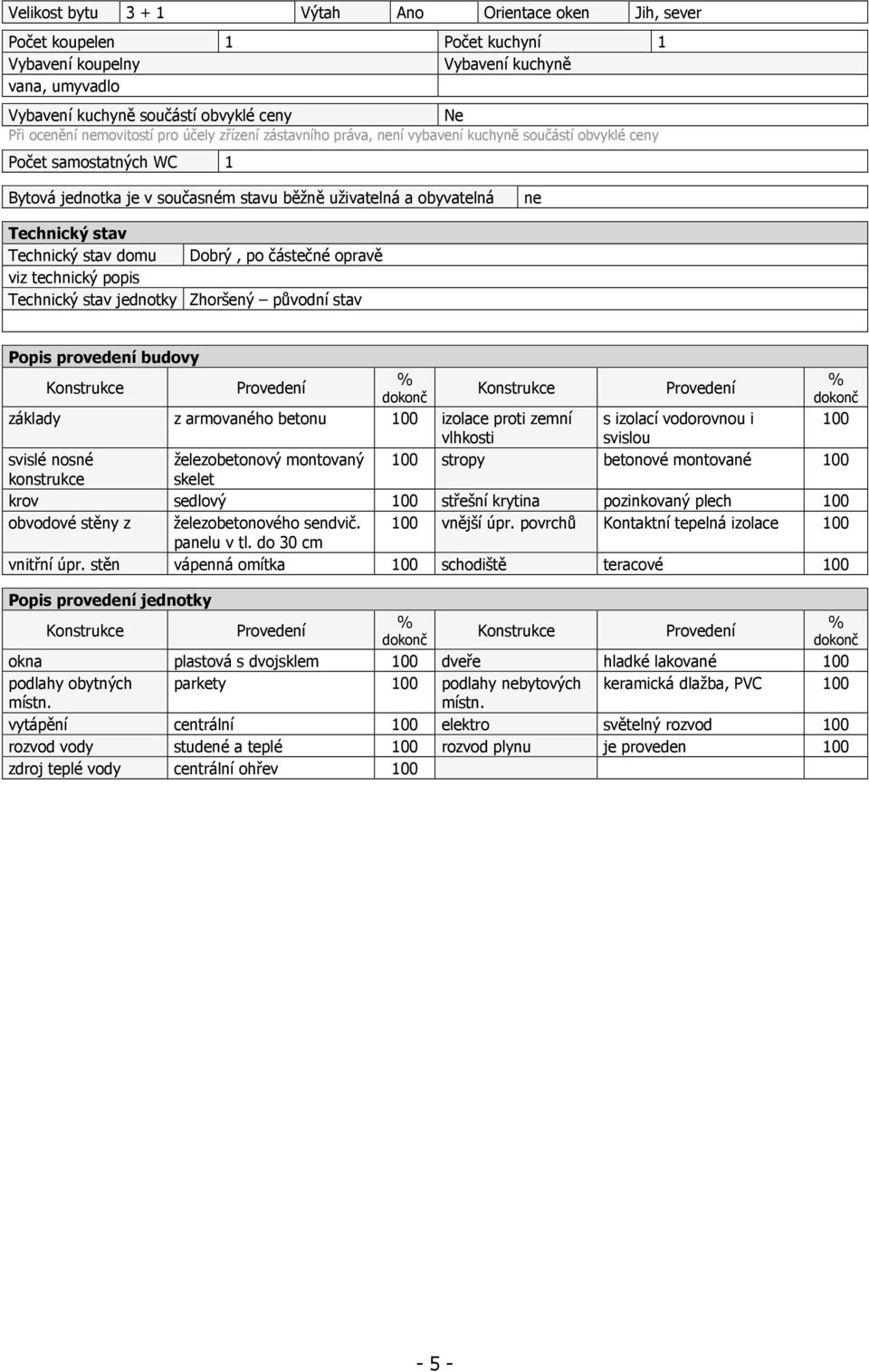 stav Technický stav domu Dobrý, po částečné opravě viz technický popis Technický stav jednotky Zhoršený původní stav Popis provedení budovy Konstrukce Provedení % dokonč Konstrukce základy z