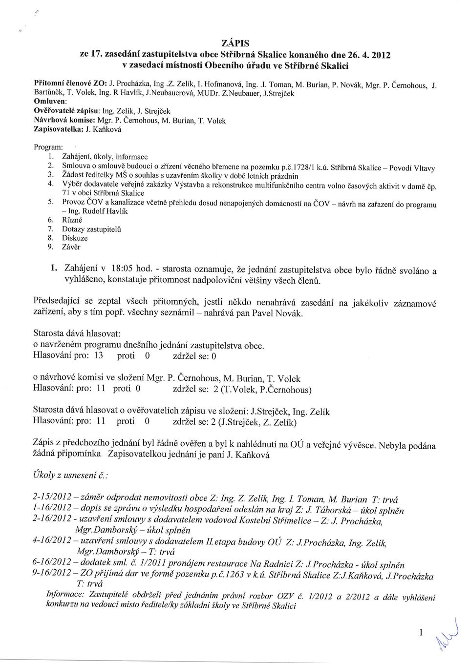 Strejdek Ndvrhov:l komise: Mgr. P. Cernohous, M. Burian, T. Volek Zapisovatelka: J. Kafikov6 Program: 1.
