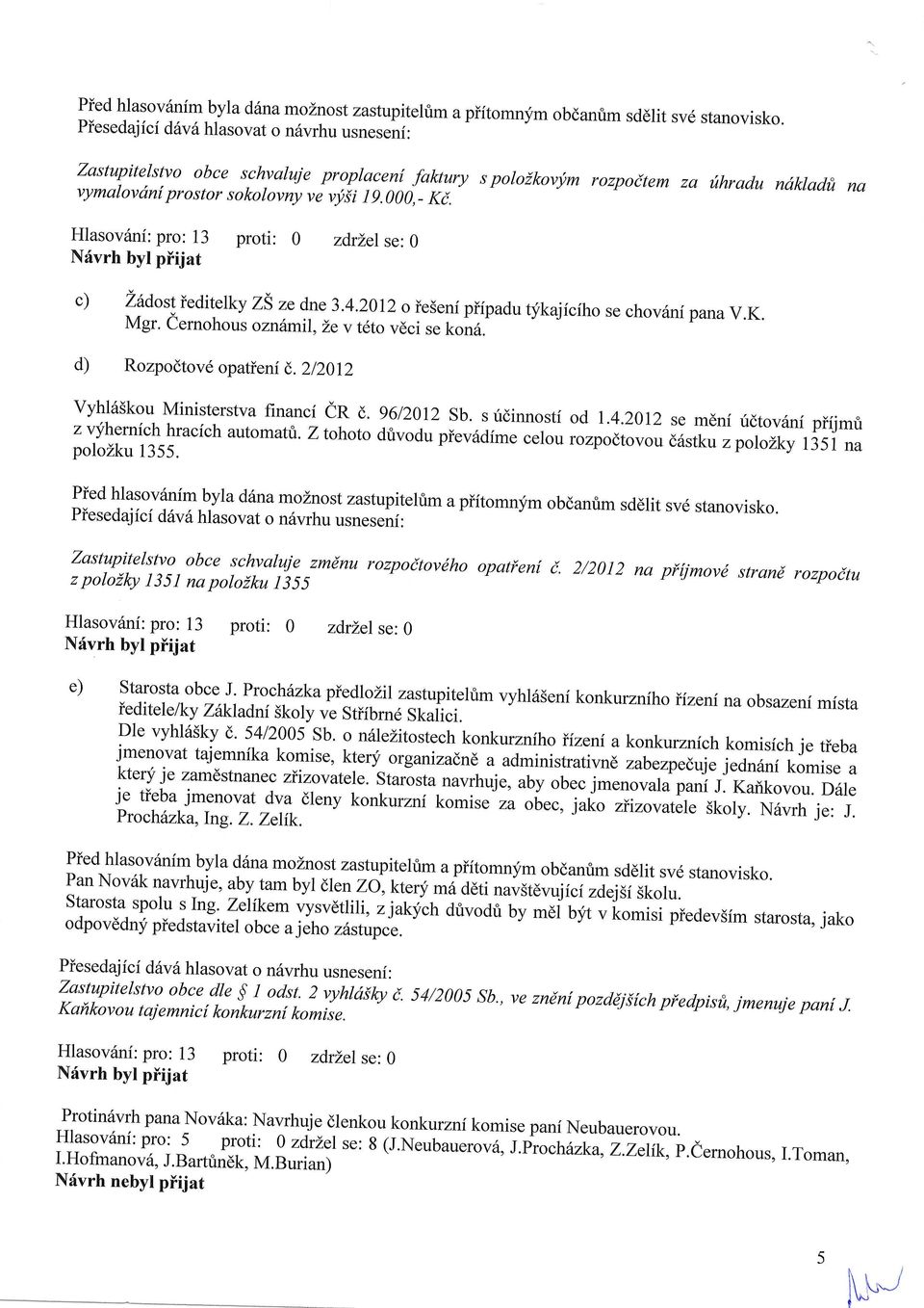Hlasov6ni: pro: 13 proti: 0 N6vrh byl piijat zdrzel se: 0 c) aadostieditelky zs ze dne 3.4.2012 o ieseni piipadu tykajfciho se chov6ni pana v.k. Mgr. Cernohous ozn6mil, le v t6to vdci se konii.