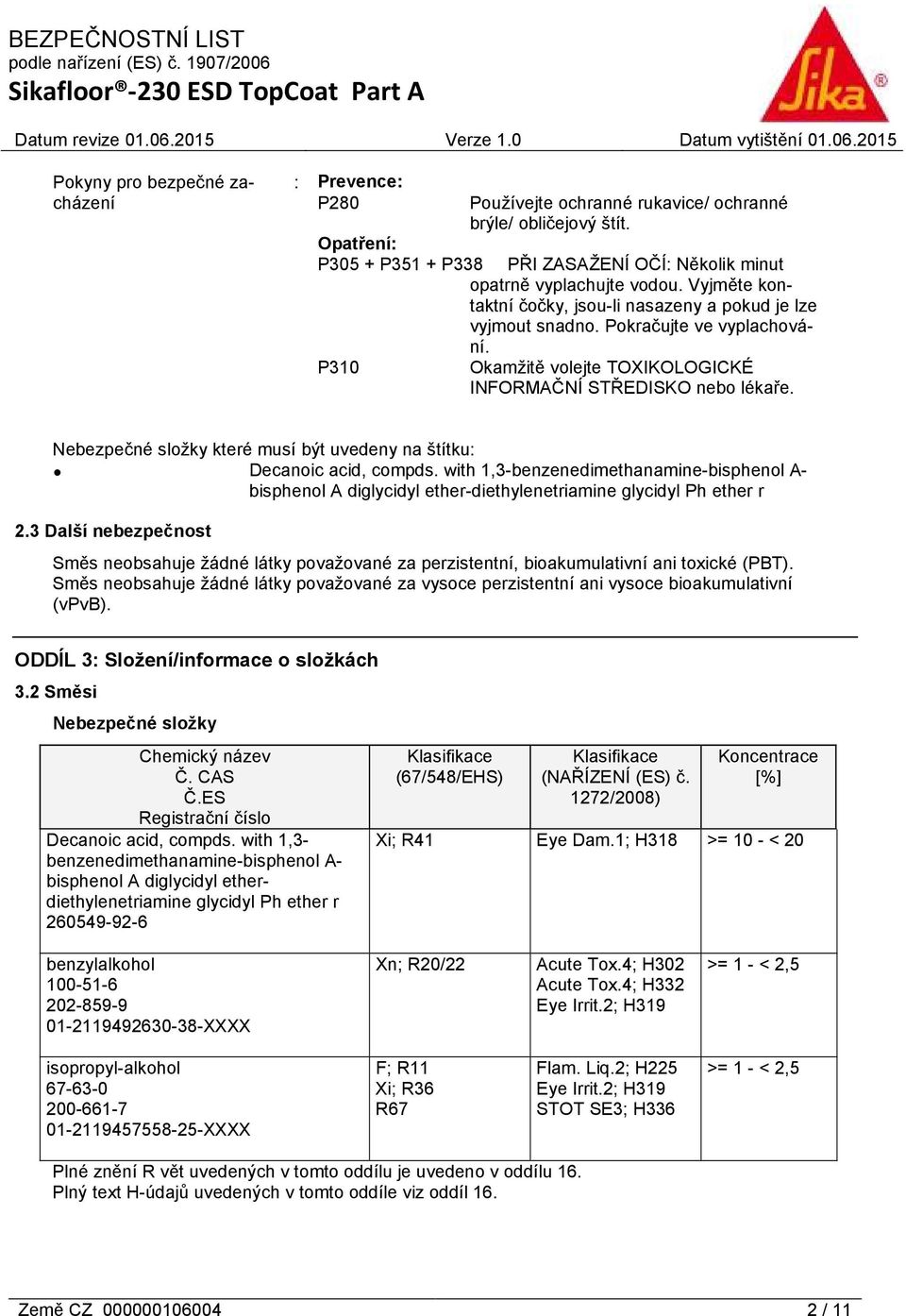 Okamžitě volejte TOXIKOLOGICKÉ INFORMAČNÍ STŘEDISKO nebo lékaře. Nebezpečné složky které musí být uvedeny na štítku: Decanoic acid, compds.