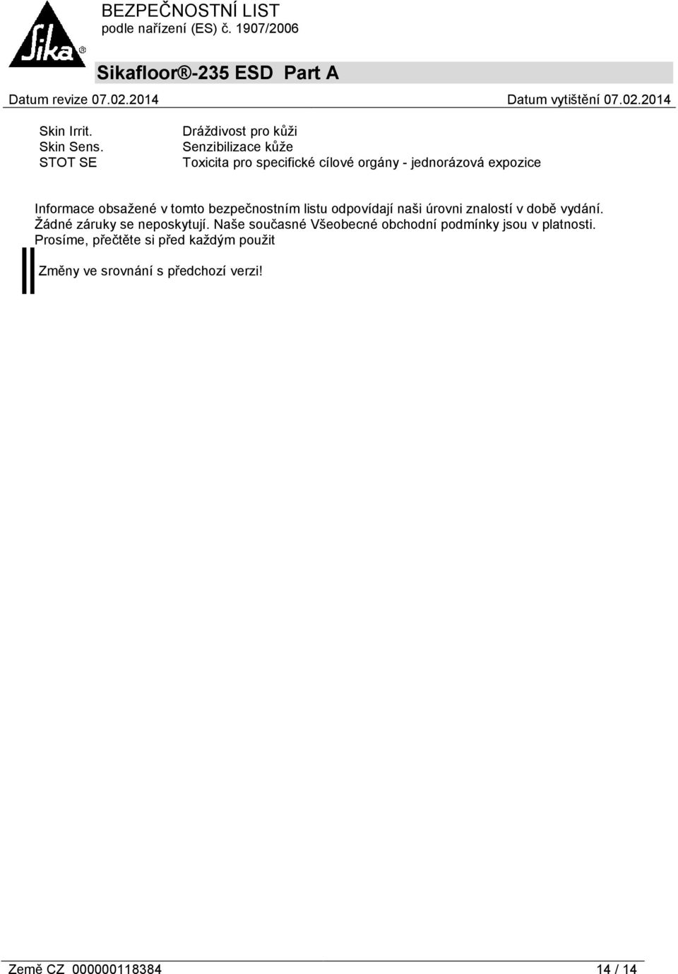 expozice Informace obsažené v tomto bezpečnostním listu odpovídají naši úrovni znalostí v době vydání.