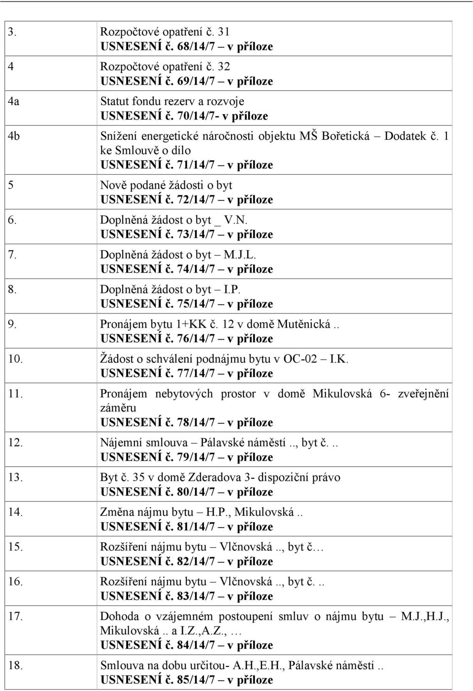 Doplněná žádost o byt _ V.N. USNESENÍ č. 73/14/7 v příloze 7. Doplněná žádost o byt M.J.L. USNESENÍ č. 74/14/7 v příloze 8. Doplněná žádost o byt I.P. USNESENÍ č. 75/14/7 v příloze 9.