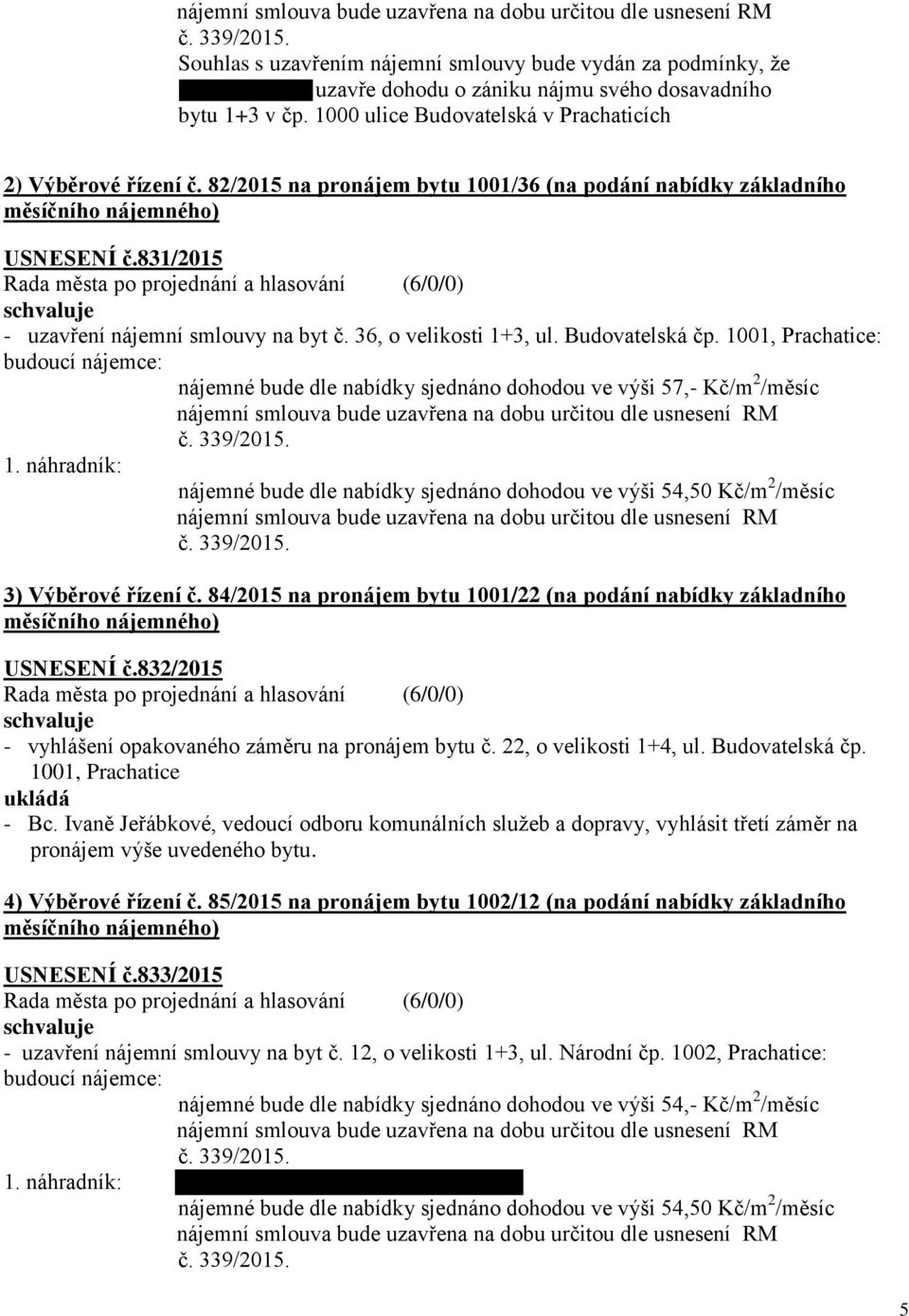 1001, Prachatice: nájemné bude dle nabídky sjednáno dohodou ve výši 57,- Kč/m 2 /měsíc nájemné bude dle nabídky sjednáno dohodou ve výši 54,50 Kč/m 2 /měsíc 3) Výběrové řízení č.