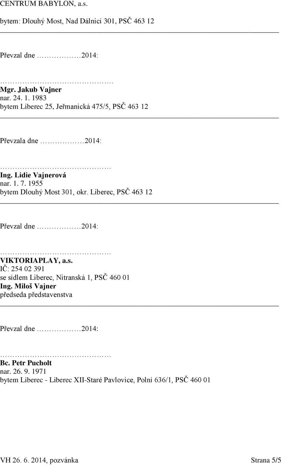 Miloš Vajner předseda představenstva Bc. Petr Pucholt nar. 26. 9.