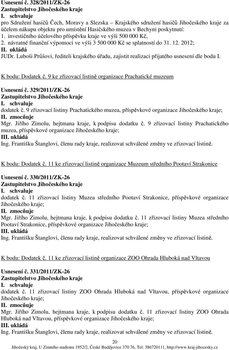 Luboši Průšovi, řediteli krajského úřadu, zajistit realizaci přijatého usnesení dle bodu I. K bodu: Dodatek č. 9 ke zřizovací listině organizace Prachatické muzeum Usnesení č.