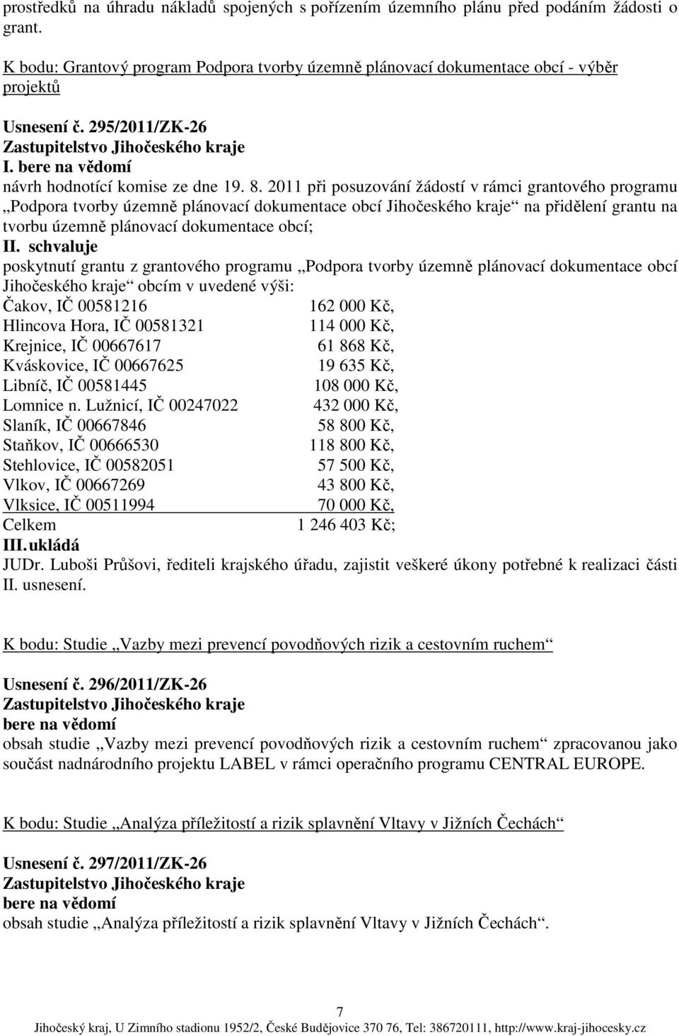 2011 při posuzování žádostí v rámci grantového programu Podpora tvorby územně plánovací dokumentace obcí Jihočeského kraje na přidělení grantu na tvorbu územně plánovací dokumentace obcí; I