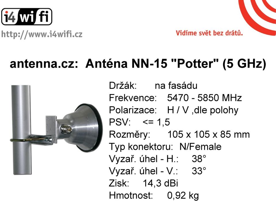 5470-5850 MHz Polarizace: H / V,dle polohy PSV: <= 1,5