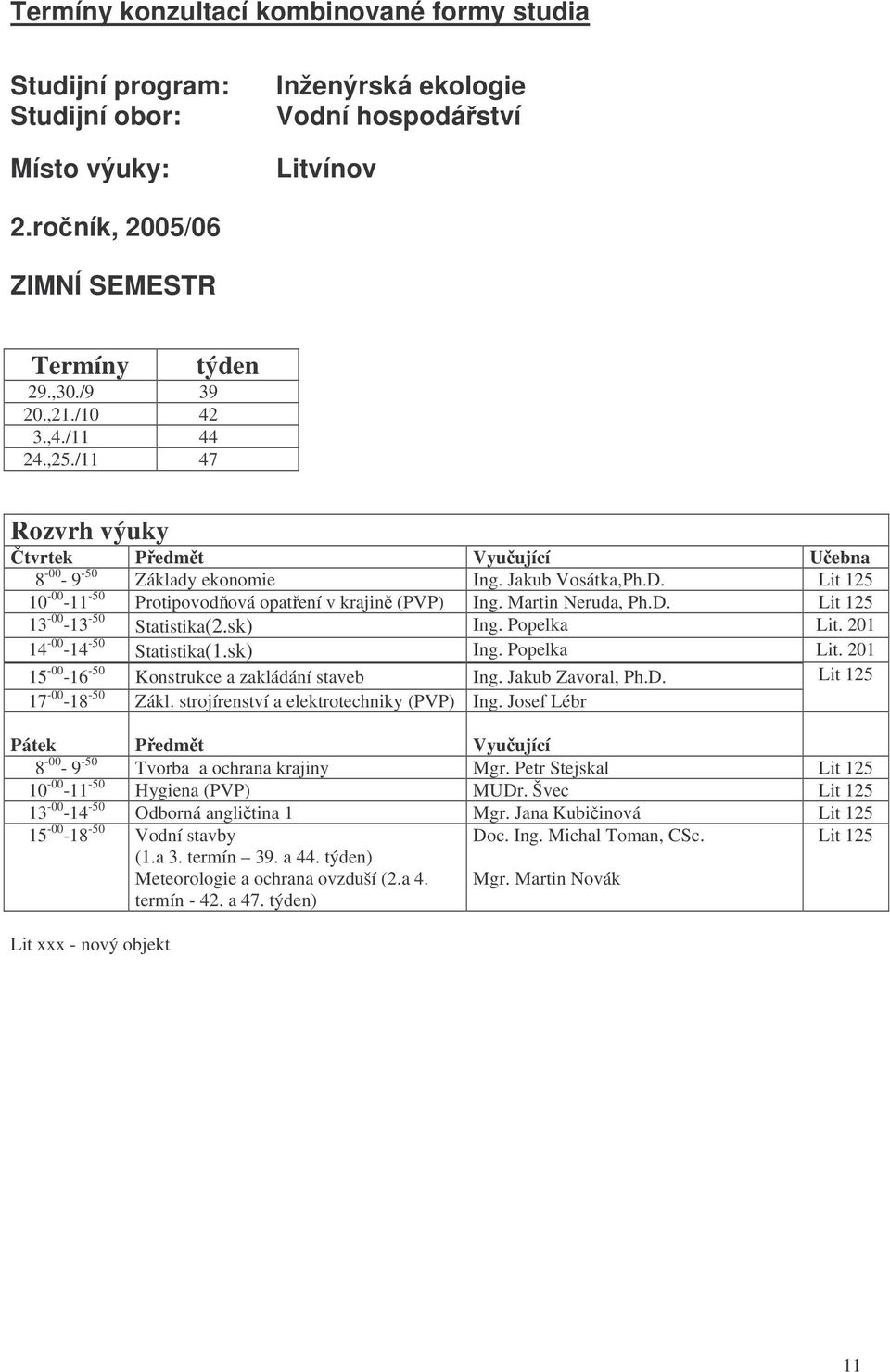 201 14-00 -14-50 Statistika(1.sk) Ing. Popelka Lit. 201 15-00 -16-50 Konstrukce a zakládání staveb Ing. Jakub Zavoral, Ph.D. Lit 125 17-00 -18-50 Zákl. strojírenství a elektrotechniky (PVP) Ing.