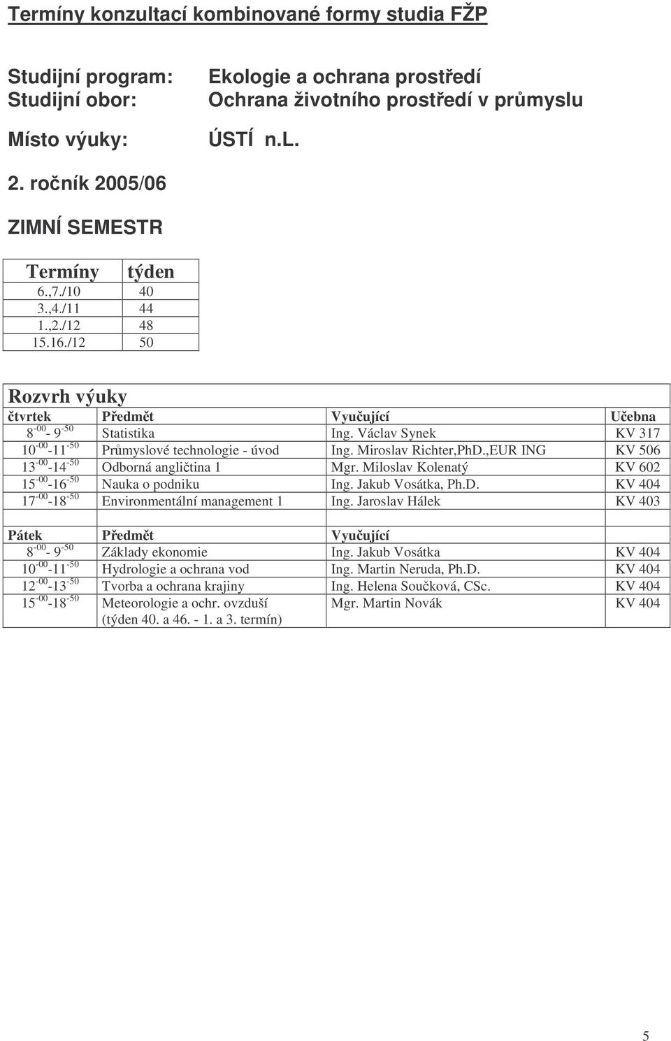 Miloslav Kolenatý KV 602 15-00 -16-50 Nauka o podniku Ing. Jakub Vosátka, Ph.D. KV 404 17-00 -18-50 Environmentální management 1 Ing. Jaroslav Hálek KV 403 8-00 - 9-50 Základy ekonomie Ing.