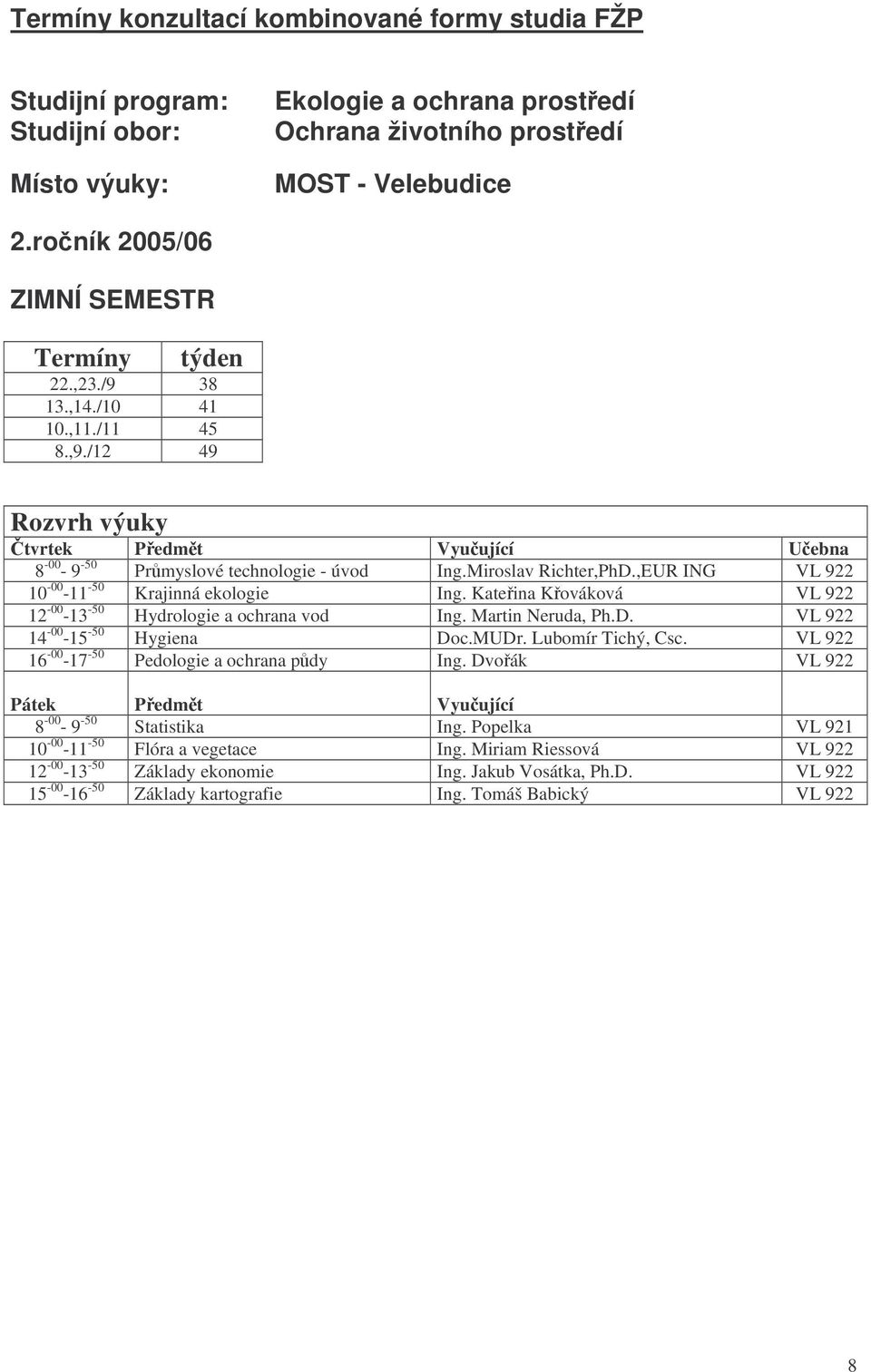 Kateina Kováková VL 922 12-00 -13-50 Hydrologie a ochrana vod Ing. Martin Neruda, Ph.D. VL 922 14-00 -15-50 Hygiena Doc.MUDr. Lubomír Tichý, Csc.