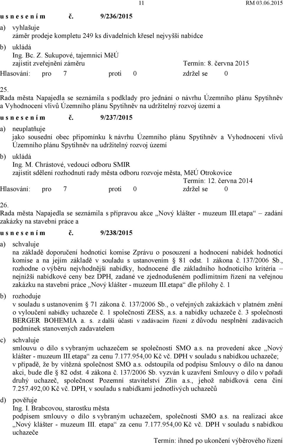 9/237/2015 a) neuplatňuje jako sousední obec připomínku k návrhu Územního plánu Spytihněv a Vyhodnocení vlivů Územního plánu Spytihněv na udržitelný rozvoj území zajistit sdělení rozhodnutí rady