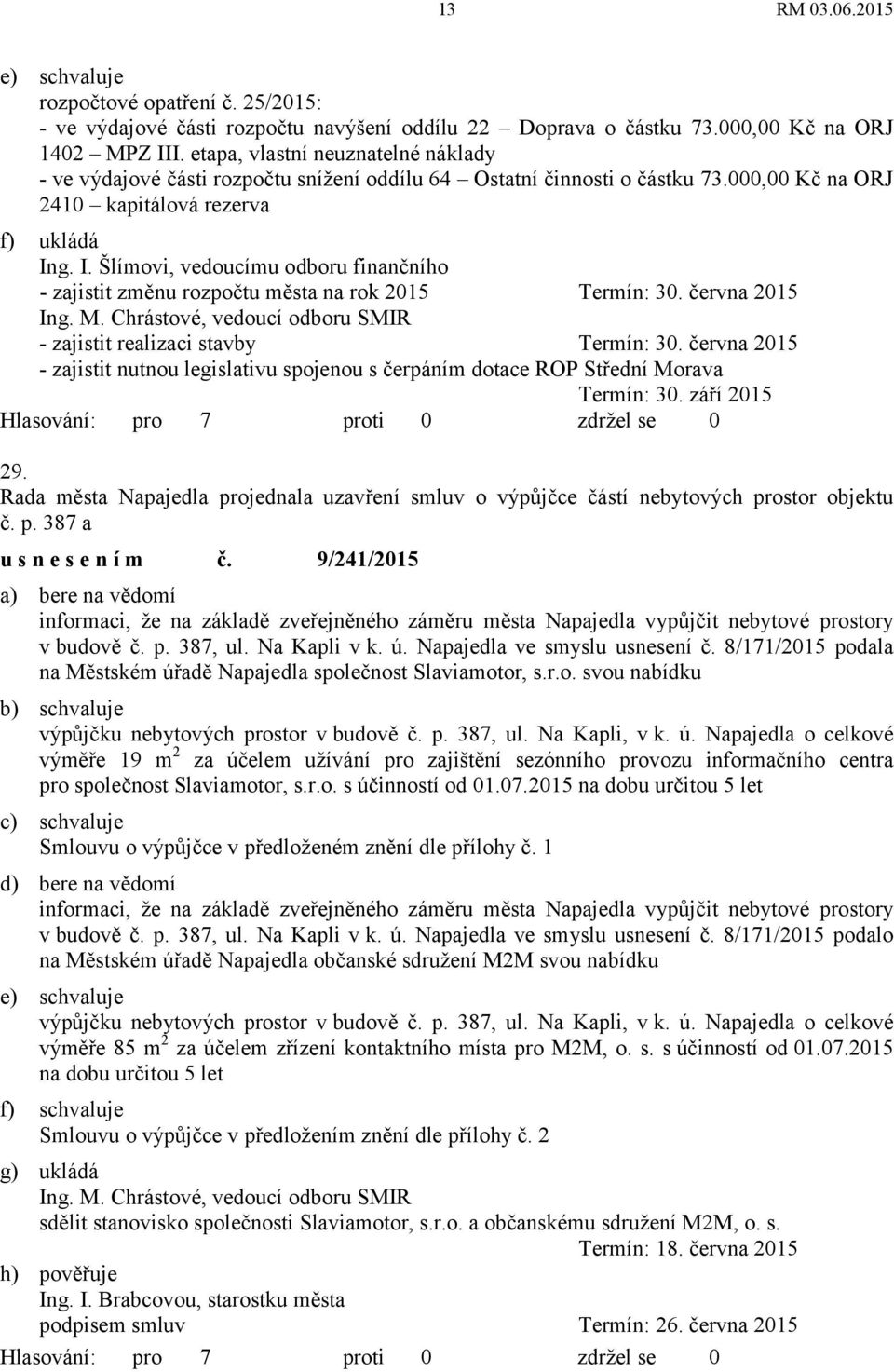 g. I. Šlímovi, vedoucímu odboru finančního - zajistit změnu rozpočtu města na rok 2015 Termín: 30. června 2015 - zajistit realizaci stavby Termín: 30.