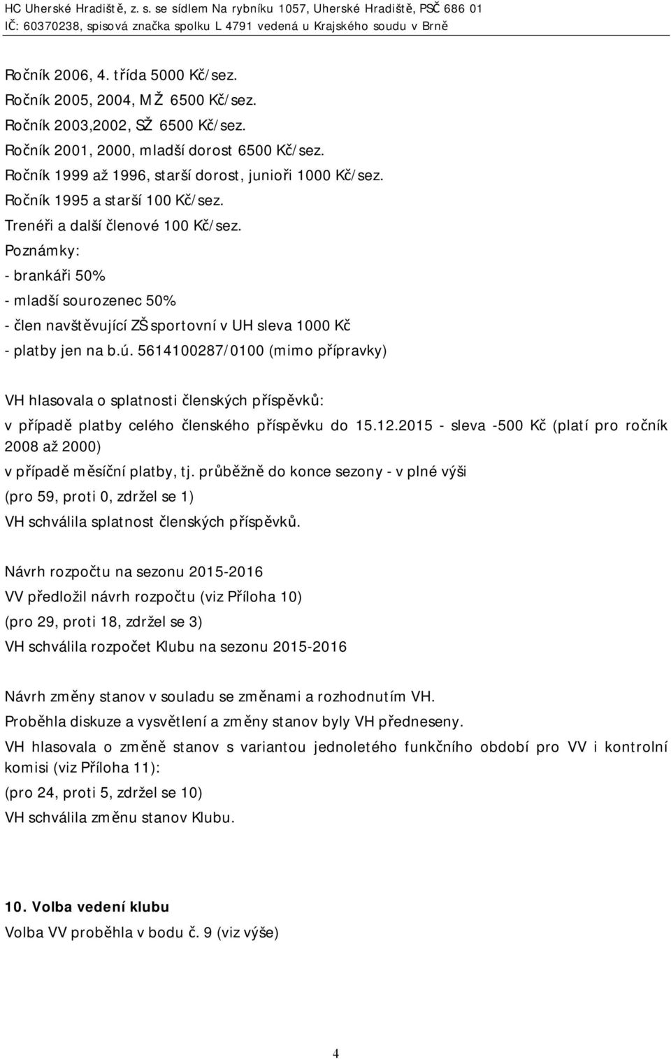 Poznámky: - brankáři 50% - mladší sourozenec 50% - člen navštěvující ZŠ sportovní v UH sleva 1000 Kč - platby jen na b.ú.