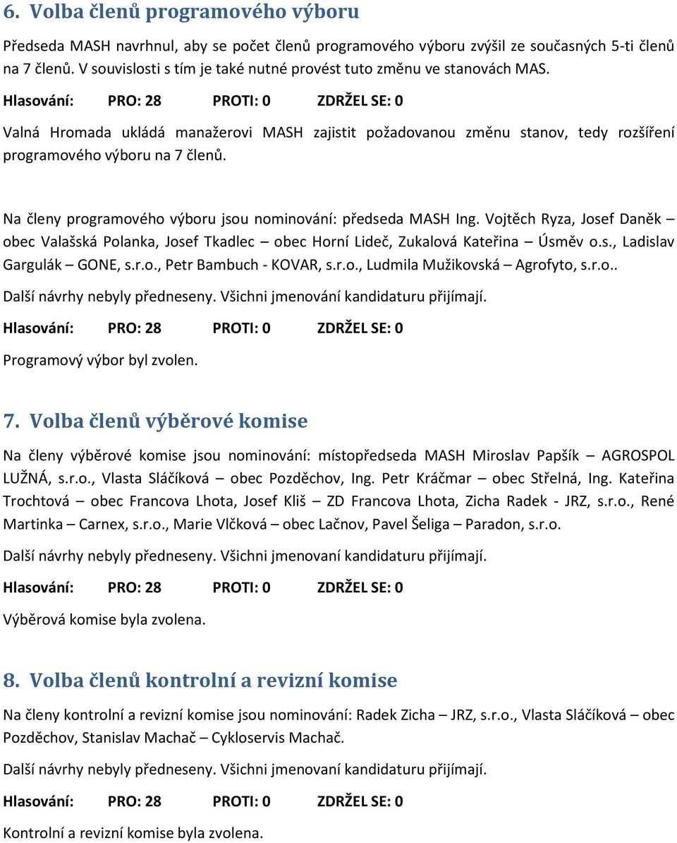 Na členy programového výboru jsou nominování: předseda MASH Ing. Vojtěch Ryza, Josef Daněk obec Valašská Polanka, Josef Tkadlec obec Horní Lideč, Zukalová Kateřina Úsměv o.s., Ladislav Gargulák GONE, s.