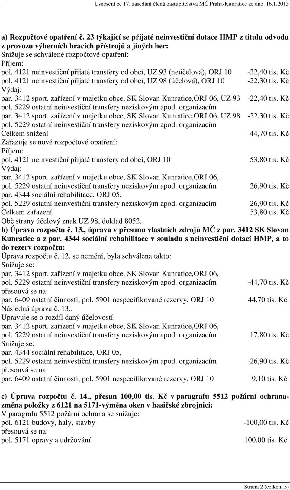 Kč pol. 5229 ostatní neinvestiční transfery neziskovým apod. organizacím UZ 98-22,30 tis. Kč pol. 5229 ostatní neinvestiční transfery neziskovým apod. organizacím Celkem snížení -44,70 tis.