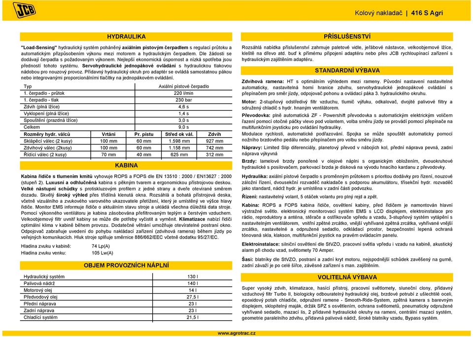 158 742 Řídící válec (2 kusy) 70 40 625 312 Hladina zvuku v kabině: Hladina zvuku venku: 74 Lp(A) 105 Lw(A) HYDRAULIKA "Load-Sensing" hydraulický systém poháněný axiálním pístovým čerpadlem s