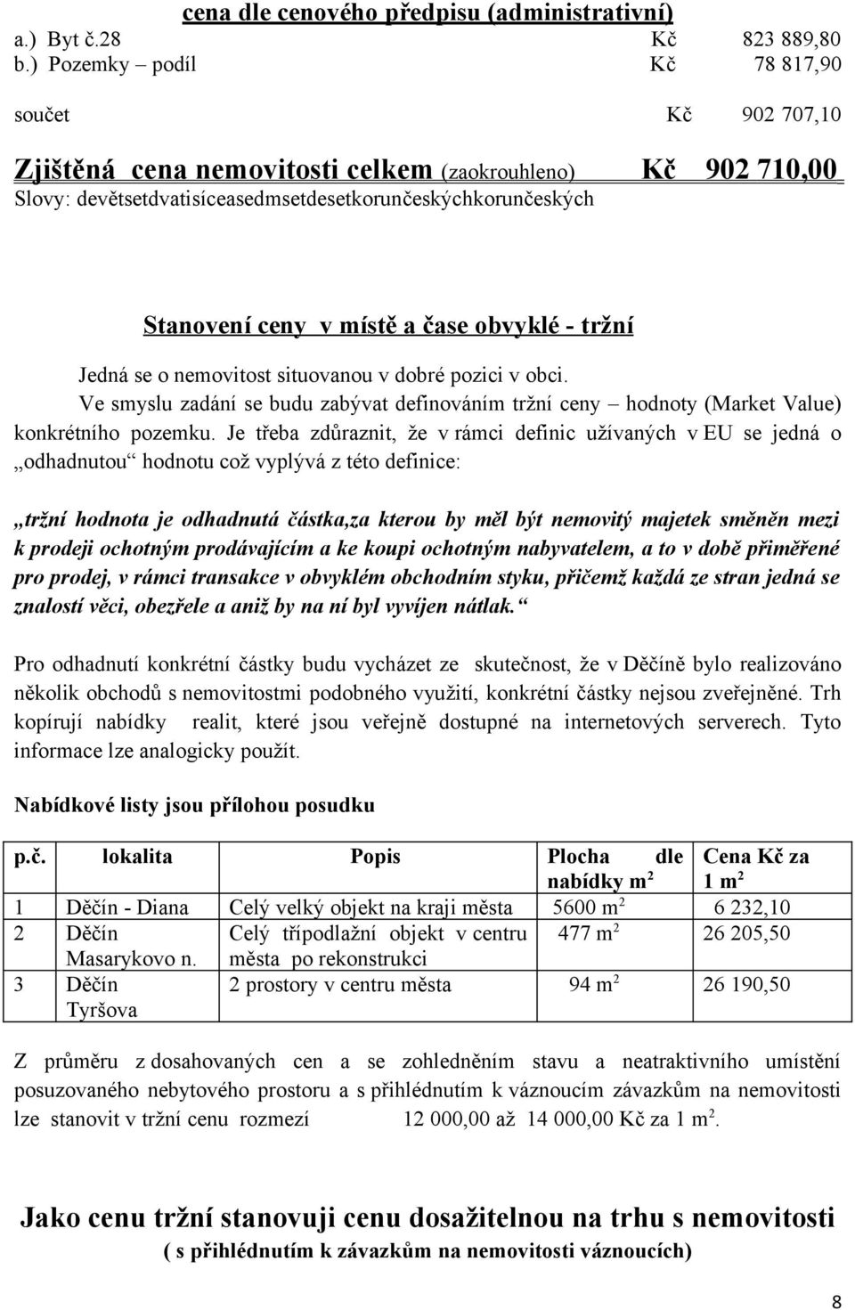 čase obvyklé - tržní Jedná se o nemovitost situovanou v dobré pozici v obci. Ve smyslu zadání se budu zabývat definováním tržní ceny hodnoty (Market Value) konkrétního pozemku.